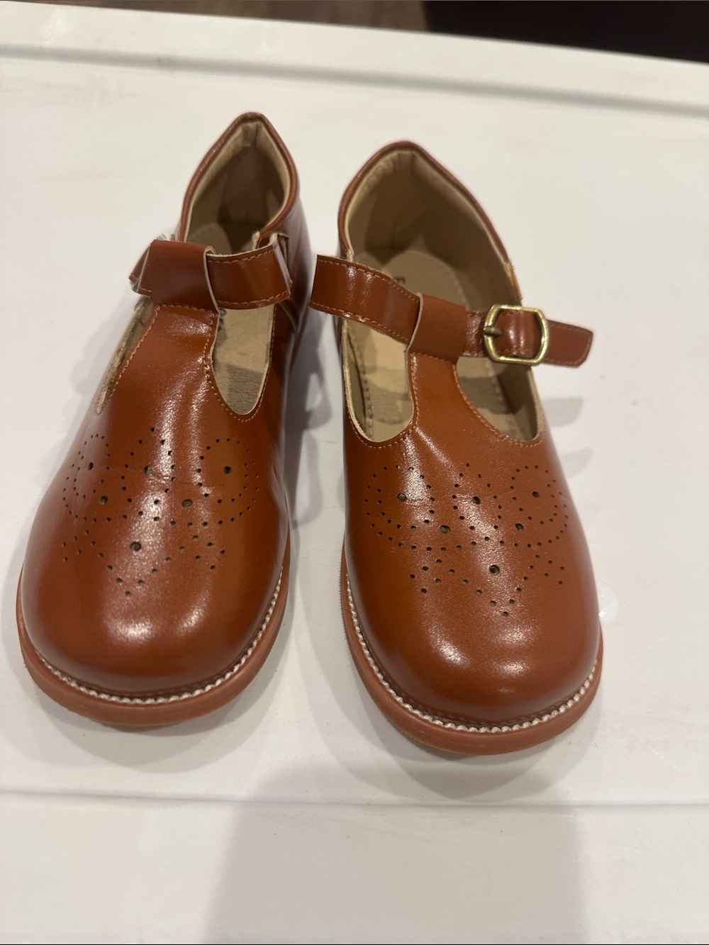 Girls' Brown T-Strap Dress Shoes with Perforated Detail